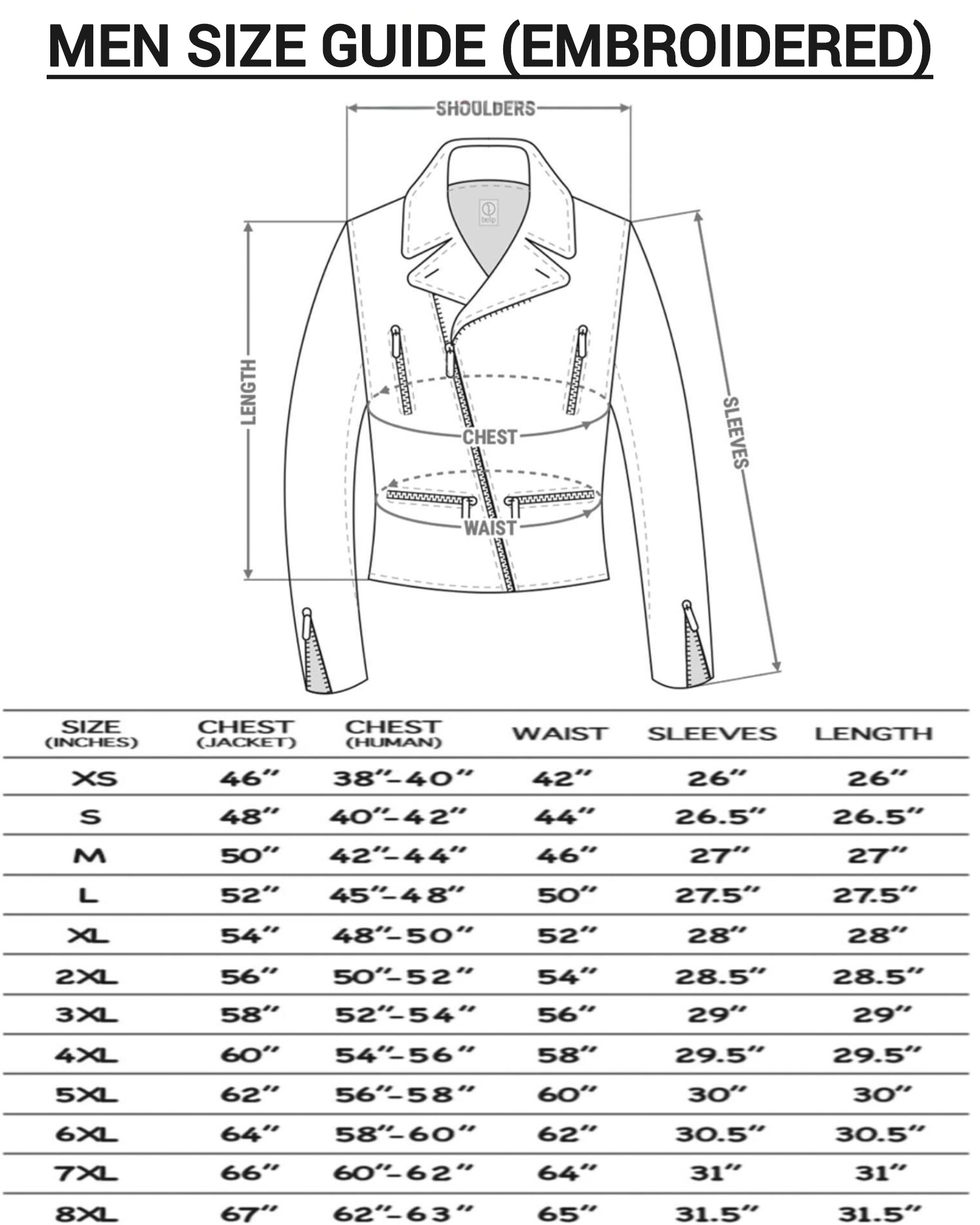 Embroidered Leather Jackets Size Chart