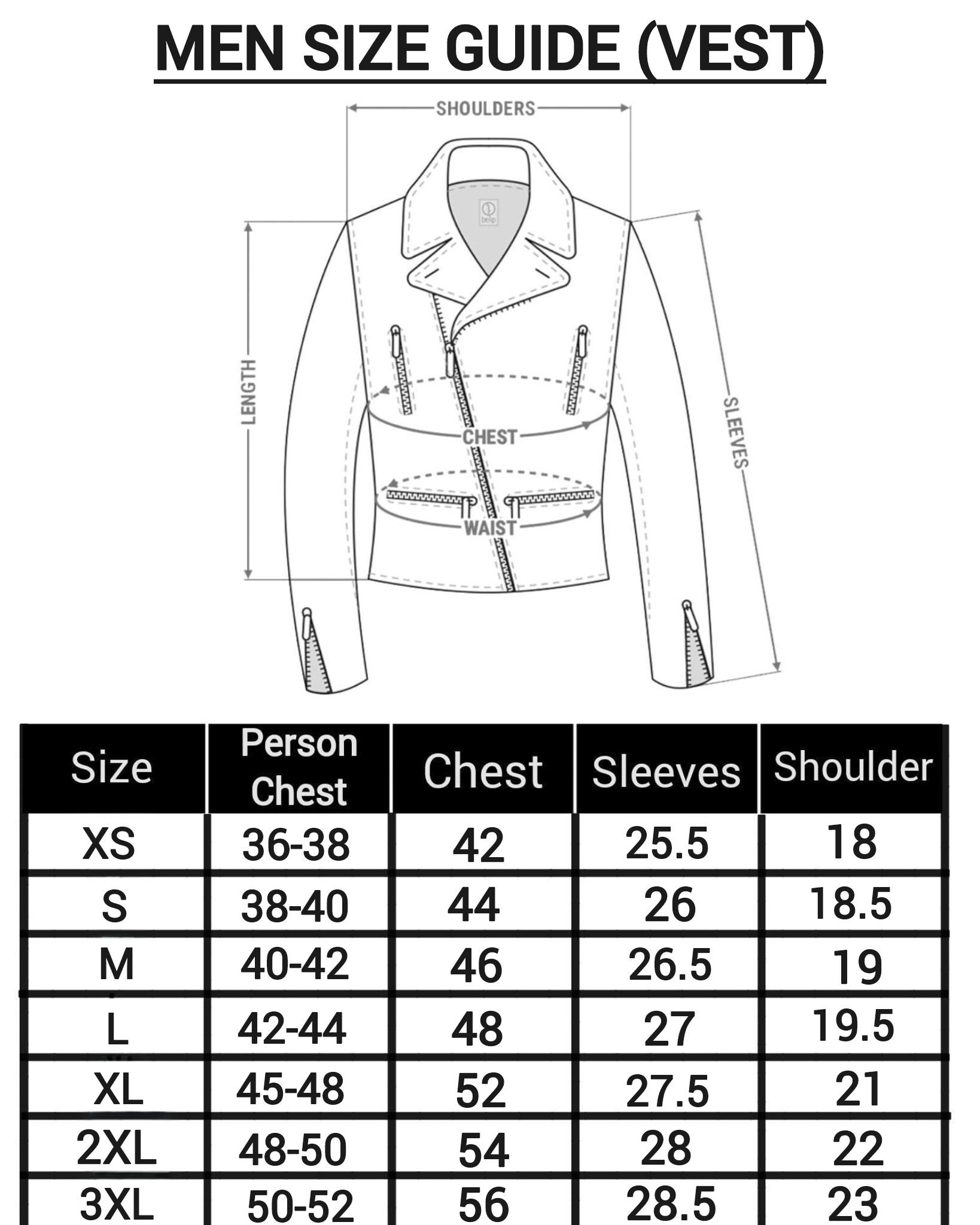Leather Vest Size Chart