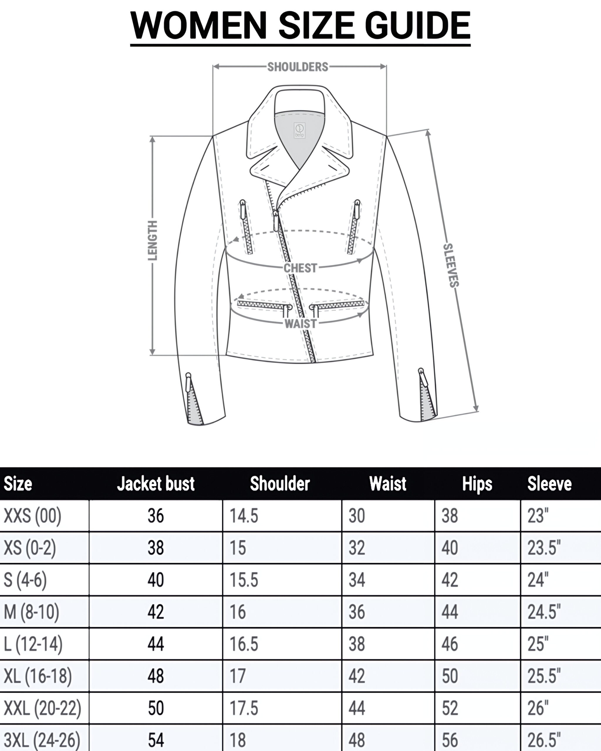 Biker Leather Jackets Women Size Chart